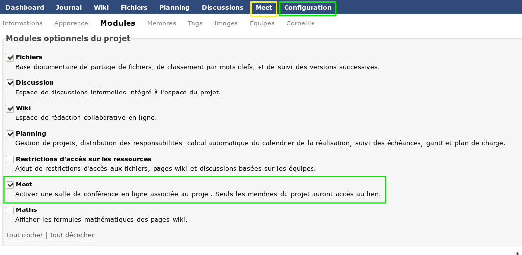 Activer la fonction "Meet project"