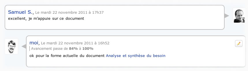 L'équipe du projet peut échanger des messages directement dans les actions.