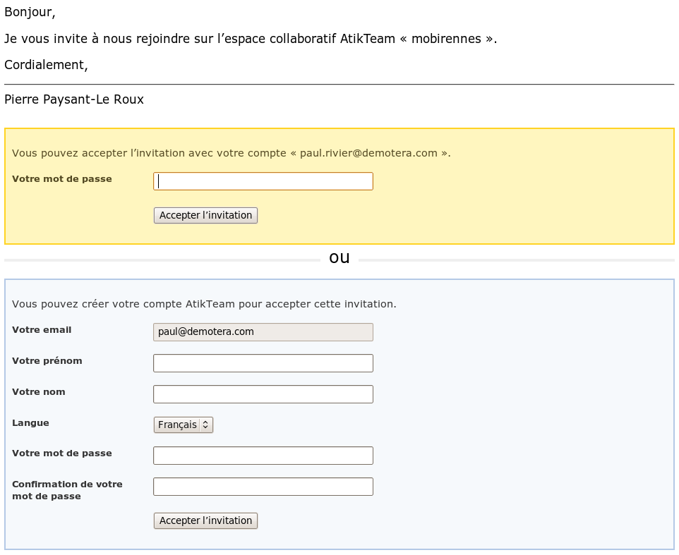 Réception d'une invitation à rejoindre une application AtikTeam.