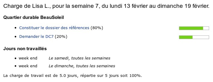 Détail des missions d'un collaborateur pour une semaine précise, réparties par projet, avec taux de contribution à la charge totale et indicateur d'avancement.