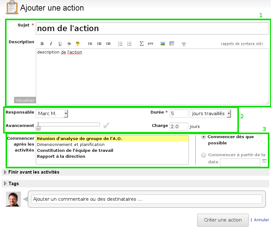 Page de création d'une nouvelle action