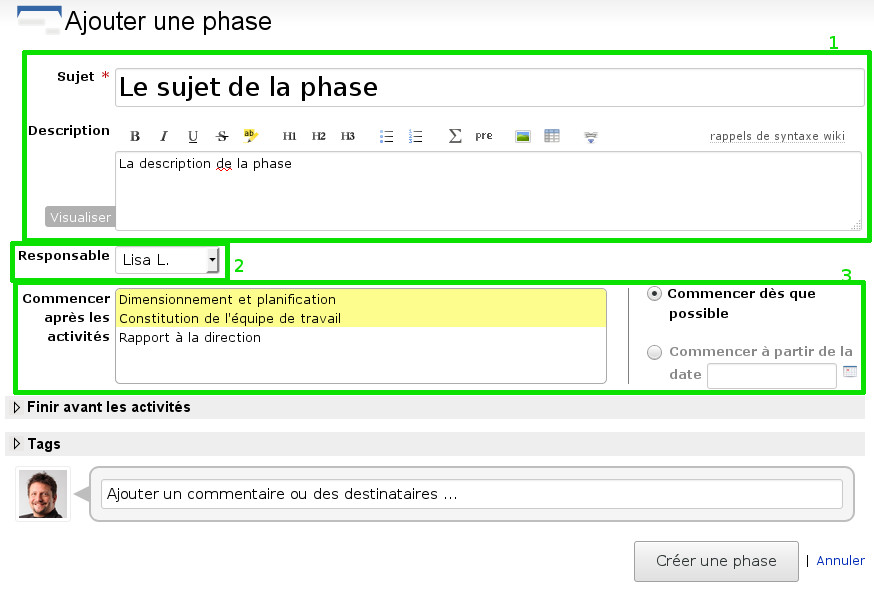 Page de création d'une nouvelle phase